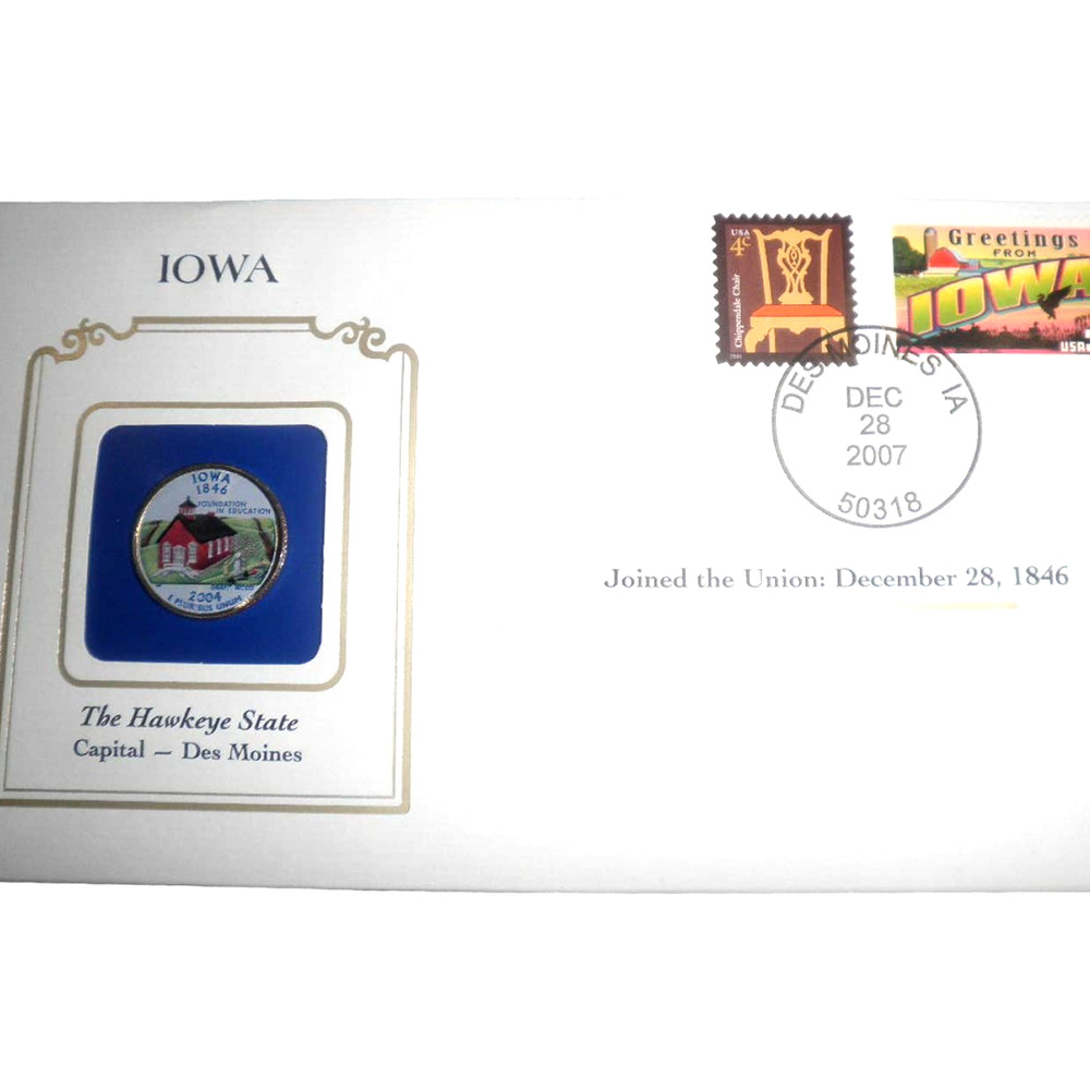 IOWA COLORIZED QUARTER & FIRST DAY COVER BY POSTAL COMMEMORATIVE SOCIETY